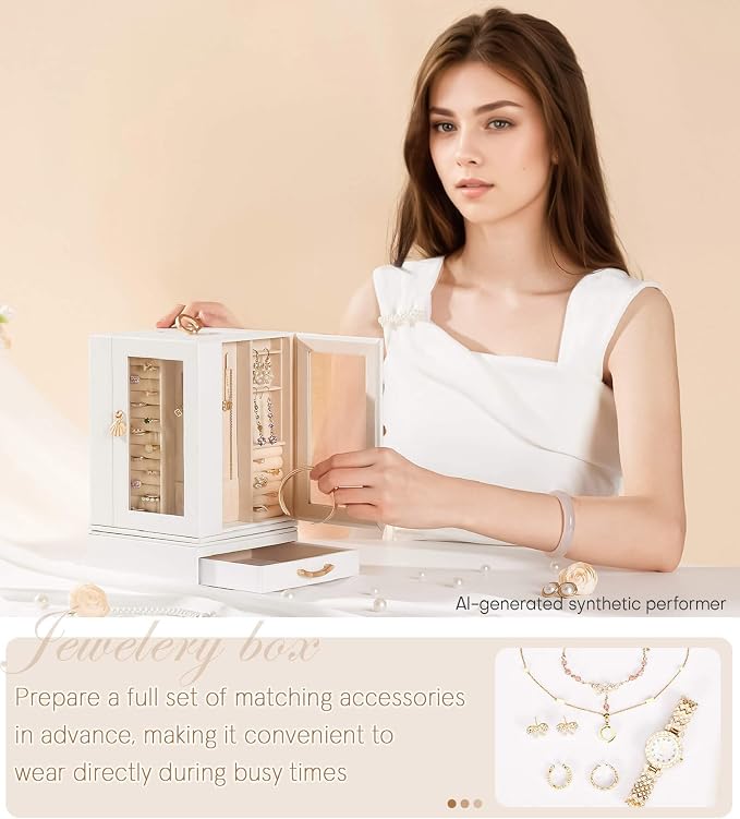 Enthralite Luxury Jewelry Box for Women: 360° Rotating with Clear Window | Compact Jewelry Storage with Drawer - Necklace Ring Organizer with Compartments - Elegant Earring Holder Display Great Gift
