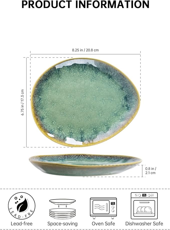 Henten Home Ceramic Appetizer Plates, 6.75 Inch Porcelain Dessert Plate, Cake, Snack Plates Set of 4, Salad Plate for Kitchen, Holiday Gifts, Dishwasher Safe (Green)