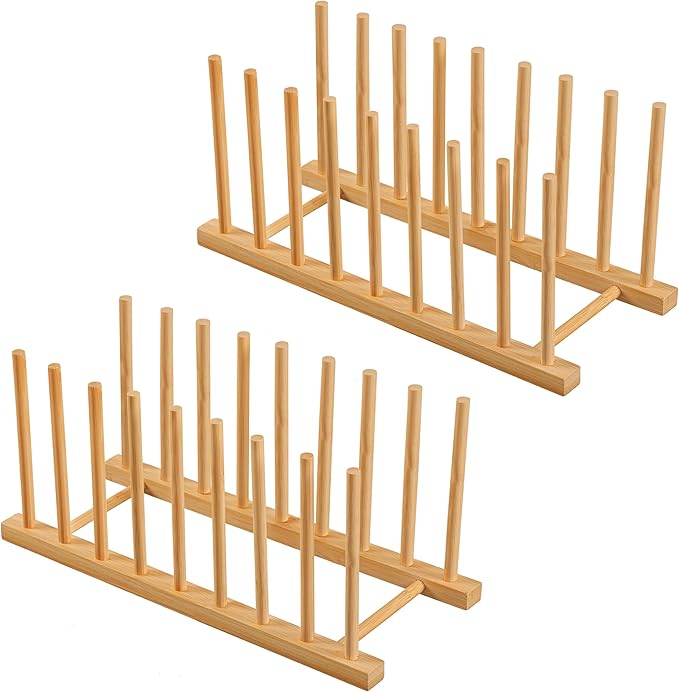 HBlife 2 Packs Heighten and Widen Bamboo Dish Drying Rack Plate Organizer | Plate Bowl Cup Book Pot Lid Cutting Board Stand, Drainer Storage Holder Organizer, For Kitchen Cabinet, 8 Slots