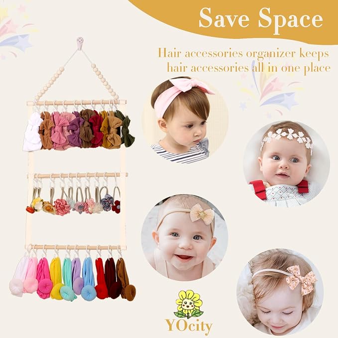 YOcity Headband Holder Organizer for Girls Baby Headbands Hair Accessories Organizer Hair Bows Storage Hanging Decor for Nursery Toddler Girls Room (Beige)