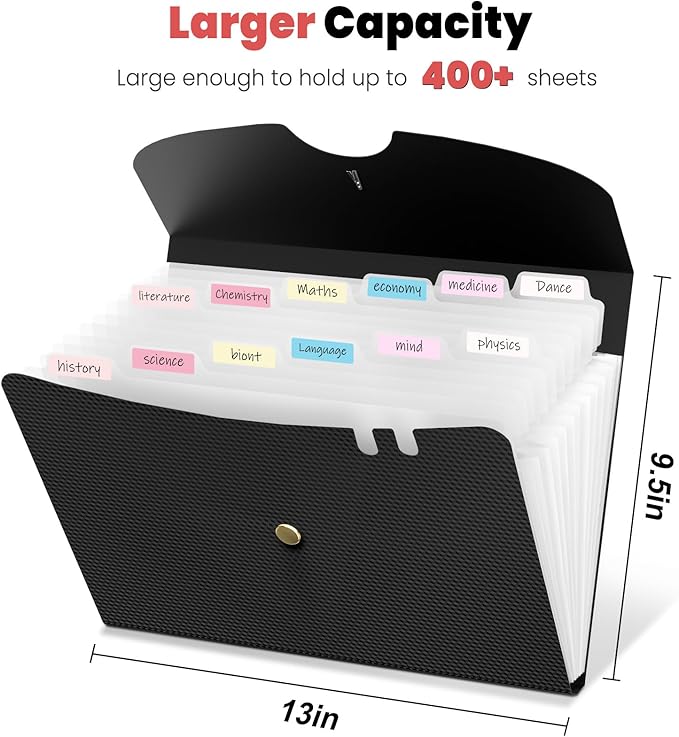 Sooez Expanding File Folder, 13 Pocket Accordion File Organizer, Monthly Expandable File Folder for Documents with Labels, Portable Bill Receipt Organizer for School Office Supplies, Letter A4 Size