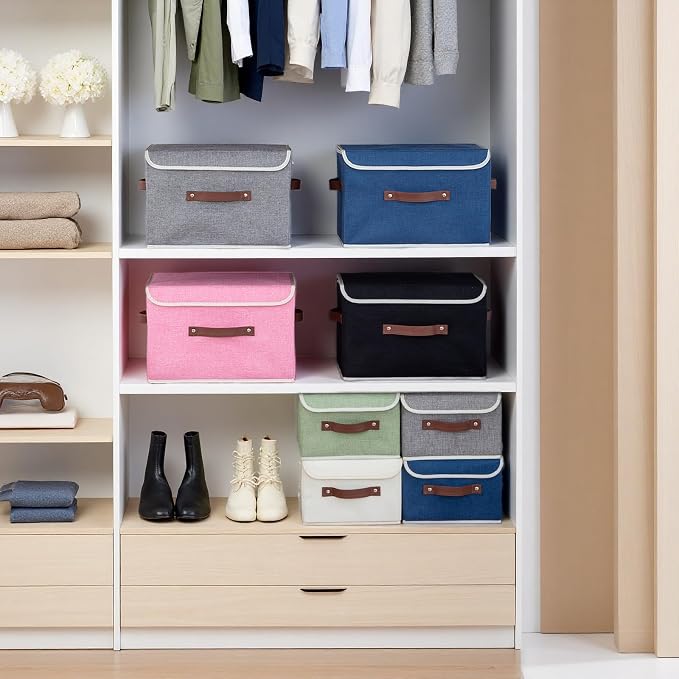 2PCS Collapsible Storage Boxes Baskets with Lid Cotton Linen Fabric Storage Bins with Faux Leather Handles Washable Cube Organizer Container for Home Closet Bedroom (Pink, Small Size)