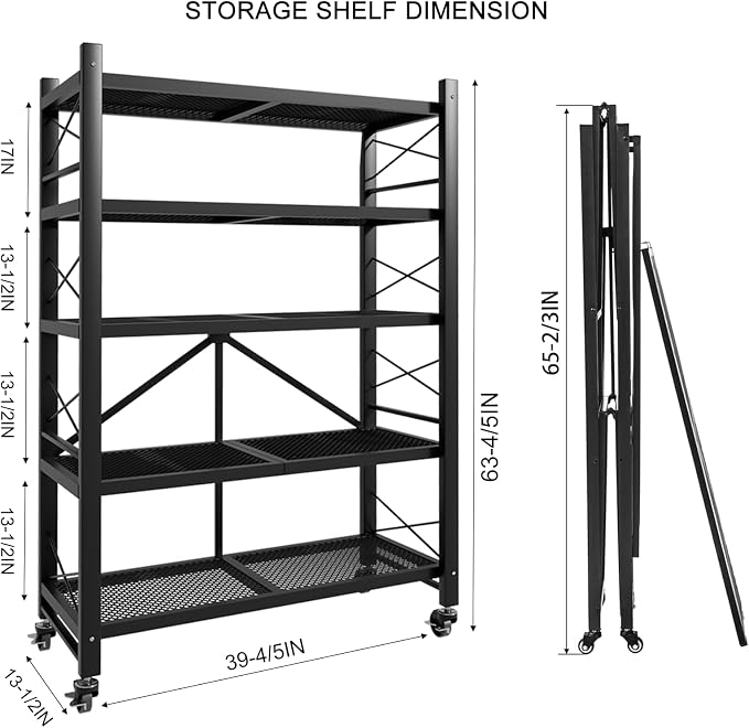 Folding Storage Shelves, Heavy Duty Garage Shelving Unit, Adjustable Metal Standing Storage Rack Shelf, No Assembly Wire Shelving Organizer with Wheels for Kitchen Pantry Warehouse (5-Tier, 1 Pack)