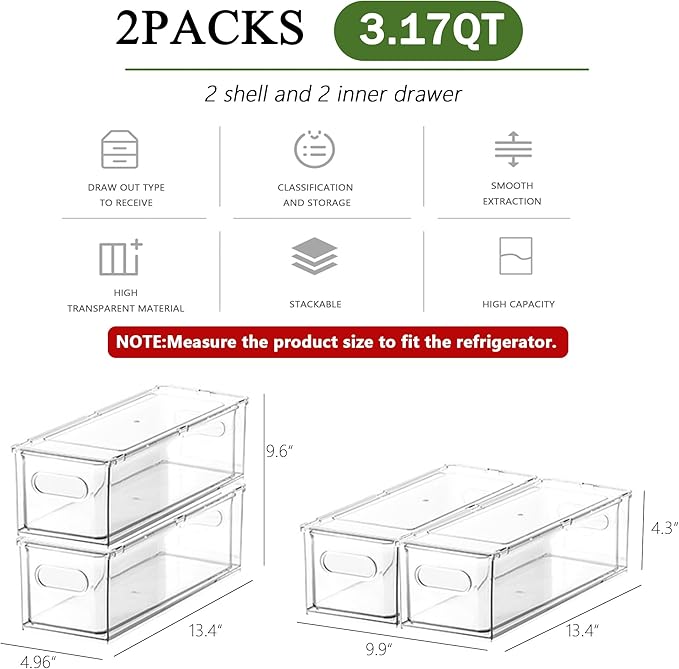 bealy 2 Pack Fridge Organizers and Storage with Pull out Drawer, Stackable Storage Drawer, Clear Refrigerator Organizers, BPA-Free for Freezer Kitchen Cabinet Pantry, 3.14QT
