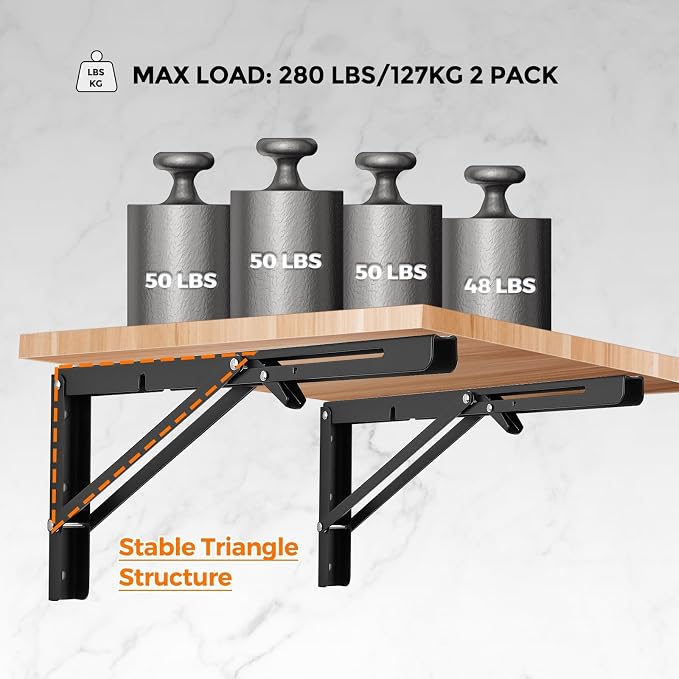 Ravinte Matte Black Folding Shelf Brackets, 20 Inch, 2 Pack | Collapsible Bracket Design, Table And Bench Support, Space-Saving Shelf Setup, For Worktops, Laundry Rooms, Garage Projects