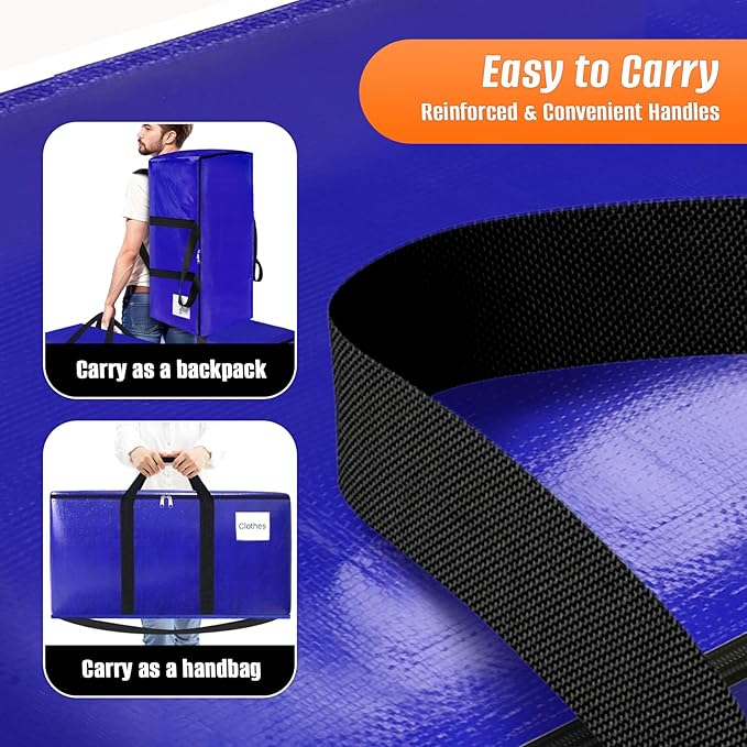 FabSpace 8-Pack Moving Bags with Backpack Straps & Carry Handles, 30 Gallons-125 L Heavy Duty Storage Totes for Space Saving, Foldable Storage Bags for College Dorm, Travel, Camping (Blue)