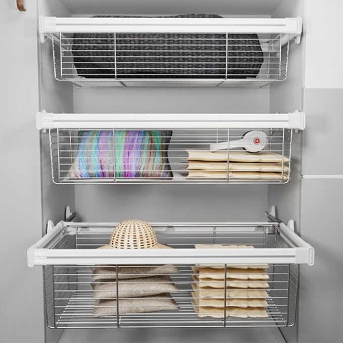 Pull Out Cabinet Storage Basket,Stackable Detachable Baskets Closet Storage Box,Telescopic Coat Drawer for Kitchen,for Kitchen Office Wardrobes Cupboard Storage(White,614x456x205mm)