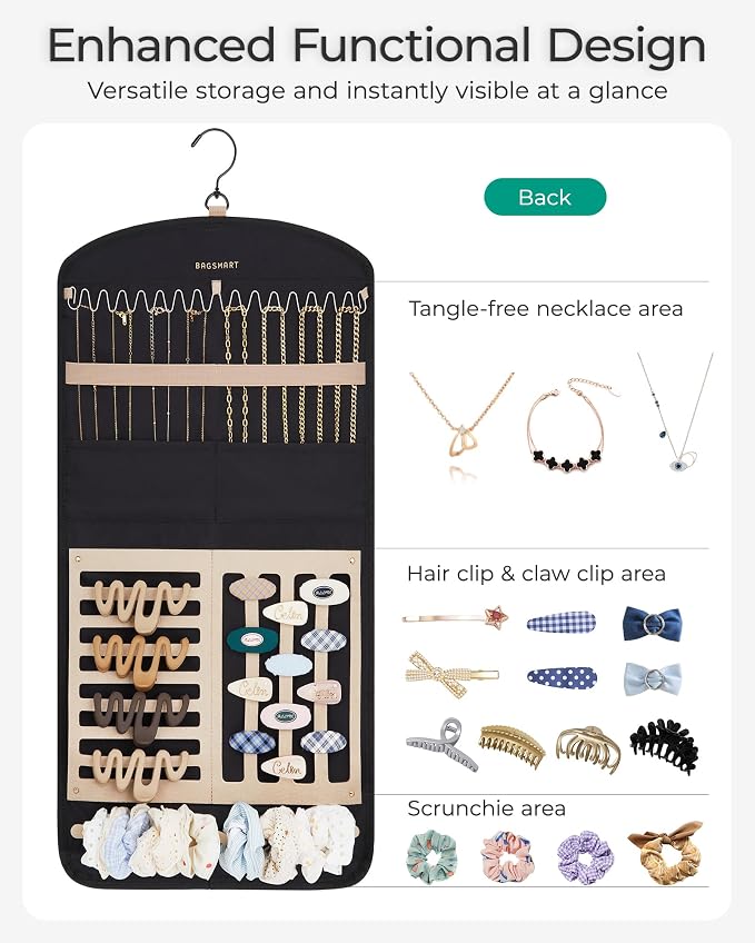 BAGSMART Hanging Jewelry Organizer Claw Clip Necklace Holder Roll for Hair Ties, Headbands, Clips, Earrings, Necklaces, Glasses Double-Sided on Closet, Wall, Door, 1 piece, Large-Black