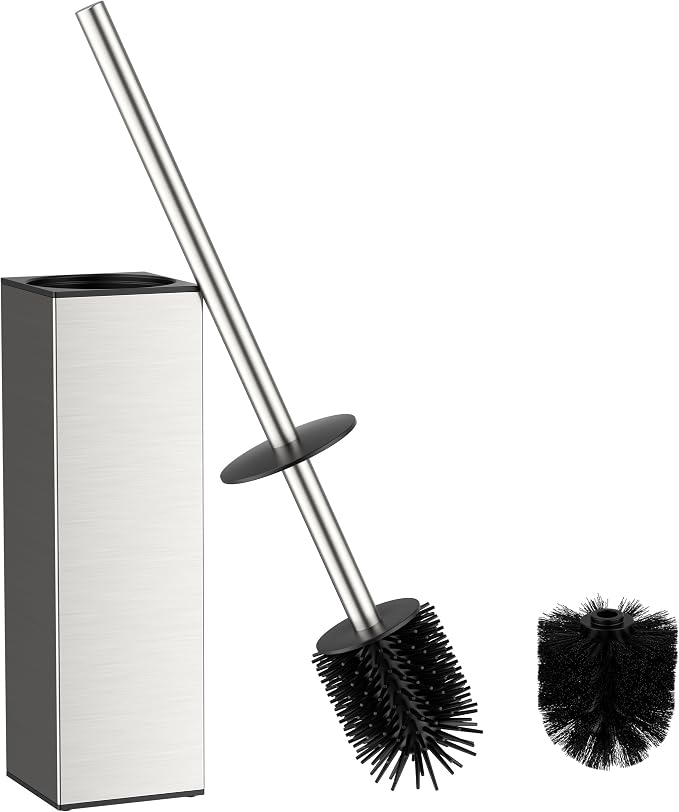 FORIOUS Toilet Brush, 2 Toilet Bowl Brush Head Square Tall Brushed Nickel | Heavy Duty 304 Stainless Steel Base, Silicone and Plastic Brush Heads, Long Handle for Deep Cleaning, Drip-Proof