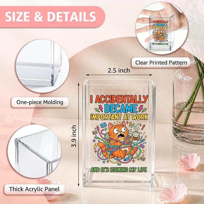 I Accidentally Became Important at Work Acrylic Pencil Holder Cup | Funny Cat Pen Holder for Desk, Coworker Boss Gifts for Women Men Employees, Sarcastic Work Gifts, Novelty New Job Present