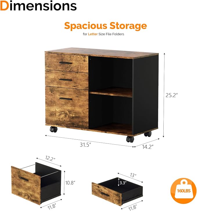 VINGLI 3 Drawer Wood Lateral File Cabinet with Adjustable Shelves & Locking Wheels, Printer Stand with Drawers for Letter, Sturdy Black File Cabinets for Home Office, Study & Business, Rustic Brown