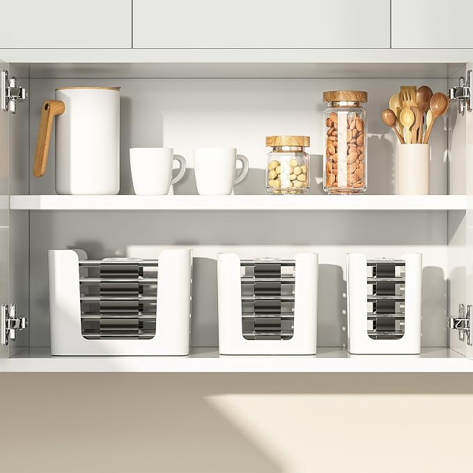 White 3 Pack Food Container Lid Organizer for Rubbermaid Brilliance | Stackable Lid Holder for Kitchen Cabinet Storage & Pantry Organization, Fits 0.5, 1.3, 3.2, 4.7 Cup Lids, Holds 24 Lids