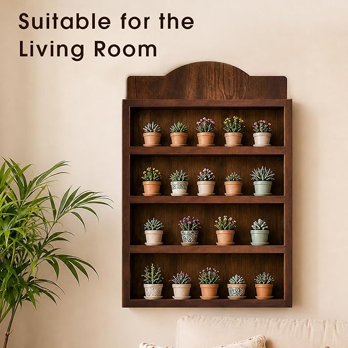 Vintage Spice Rack Wall Mounted, 4 Tier Wooden Spice Organizer Shelf for 24 House-Shaped Jars, Farmhouse Kitchen Decor Display Shelf, Rustic Brown