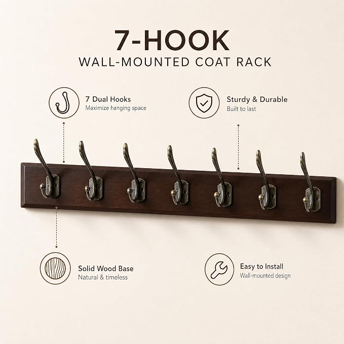 Wall Mounted Coat Rack with Solid Wood, 7 Bronze Metal Hooks – 27.56 Inch Rustic Brown Entryway Organizer for Hanging Coats, Hats, Jackets, Scarves, Bags, for Hallway, Bedroom, Bathroom（7Hooks）