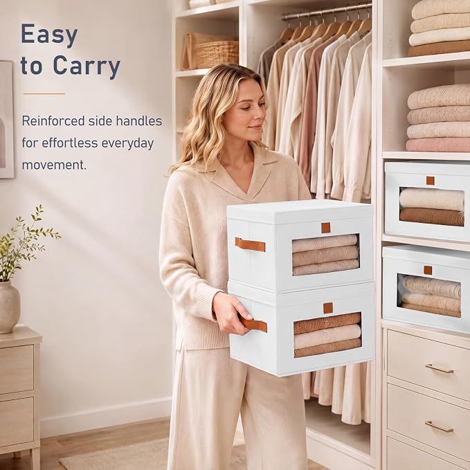 DIMJ Storage Bins with Lids - 6 Pack Front Opening Stackable Fabric Storage Boxes with Clear Window & Handles, Collapsible Closet Organizers for Clothes, Sweaters, Shelf Storage, Bedroom, White