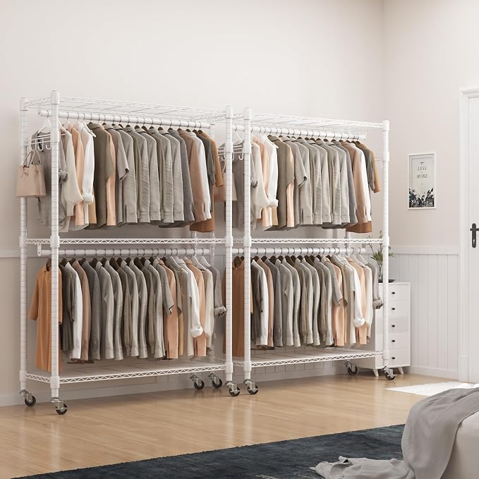 BATHWA Clothes Racks for Hanging Clothes, 25 mm tube Heavy Duty 47.3" W x 17.7" D x 80.7" H Large Wardrobe Rack with Shelves & Wheels Rolling Metal Commercial Multifuctional, White