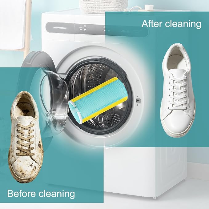 Shoe Washing Machine Bag 2-Pack with Invisible Zipper & Internal Scrubbing Bristles, Reusable Mesh Shoe Laundry Bag for Sneakers, Running & Athletic Shoes, Washer Protector & Noise Reduction
