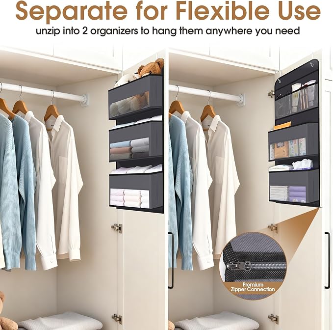 WISELIFE 6-Tier Over The Door Organizer Storage Detachable Design Door Hanging Storage Organizer with Clear Window Behind The Door Storage for Nursery Bedroom Bathroom Pantry Closet Dark Grey