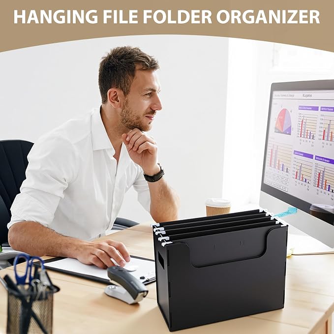 6 Pcs Portable Desktop File, Side Handles, Filing Organizer, Hanging File Folders, Letter Size for Schools Office Home (Black)