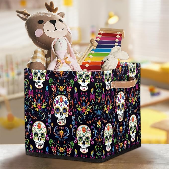 TropicalLife Flower Skull Storage Cube, 13 Inch Fabric Cube Storage Organizer Bin for Shelves Clothes, Decorative Foldable Storage Boxes
