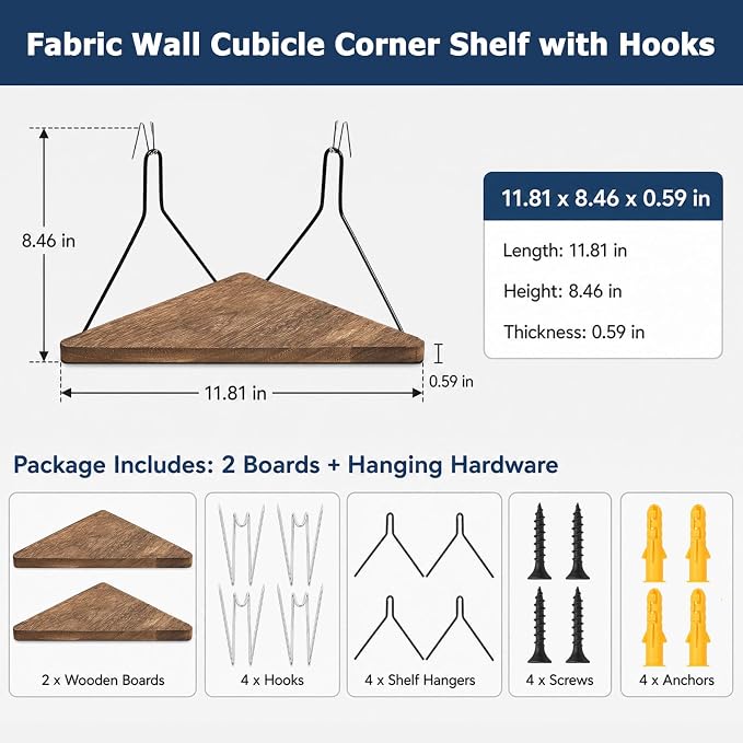 2PCS Fabric Wall Cubicle Corner Shelf with Hooks, Wooden Organizer