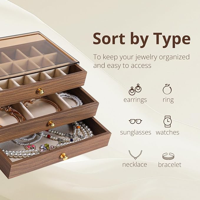 3 Layer Wooden Drawers Jewelry Box Vintage Style Jewelry Organizer with Acrylic Cover, Jewelry Storage Display Box for Ring Earrings Necklace Bracelet Box for Women and Girls(Walnut Color)(A)