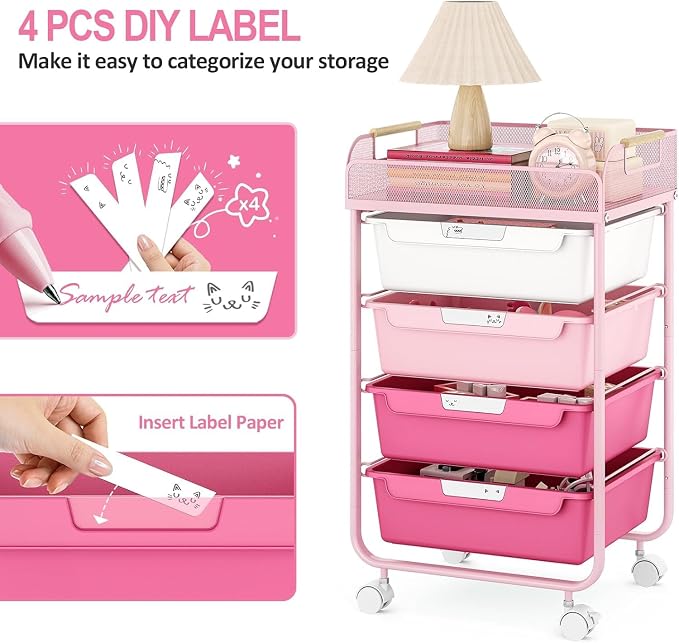 SYKIARIOL 4-Drawer Rolling Storage Cart with Mesh Top, Utility Craft Organizer Cart on Wheels with DIY Labels, Rolling Drawer Cart for Home Office Classroom Bedroom, Rose Pink