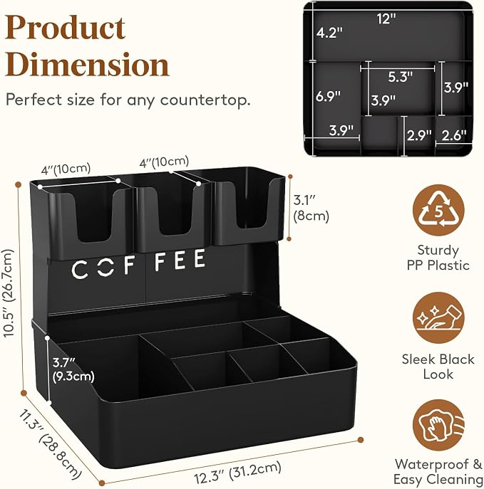 Lifewit 2-tier Coffee Station Organizer Caddy for Countertop, 10 Compartments Coffee Bar Organizers for Cups, Pods, Sugar, Compact Condiment Holders Storage for Office Breakroom Kitchen Home Black