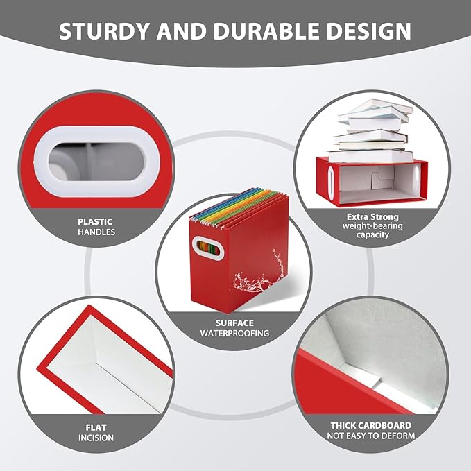 Hanging File Organizer Box, 3 Pack Red Cardboard File Folder Holder for Letter Size, Portable Desk Document Storage with Handles, for Office,Home,School