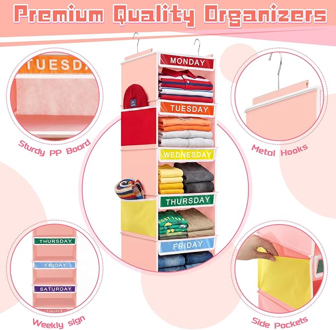 Amylove 2 Pcs 7 Shelf Weekly Clothes Organizer for Kids Hanging Closet Organizer 11. 8 x 11. 8 x 50 Inch Daily Activity Kids Clothes Storage Drawers Cube Drawers Closet Hanging Shelves(Orange Pink)