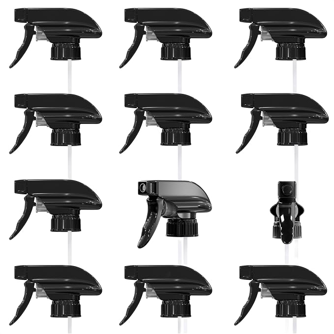 12 Pack Spray Nozzle for Bottles, Trim-To-Fit Tube; Plastic (Black) | Spray Bottle Nozzle Replacement; Fits 8 and 16 Oz; Trigger Sprayer with Mist, Stream & Off Modes; for Cleaning and Garden
