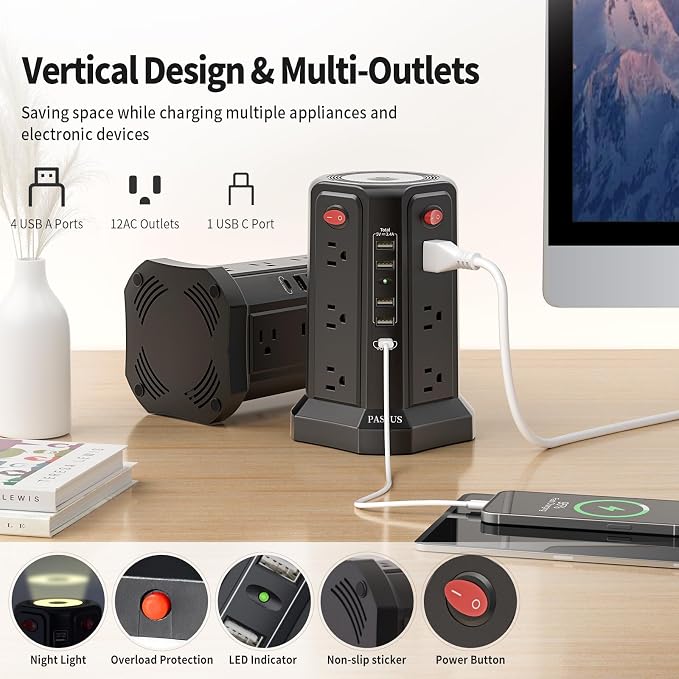 Surge Protector Power Strip with 5 USB Ports(1 USB C PD20W), 2nd Generation PASSUS Power Strips with Night Light, 10FT Extension Cord with Multiple Outlets for Home Office Dormroom Essentials