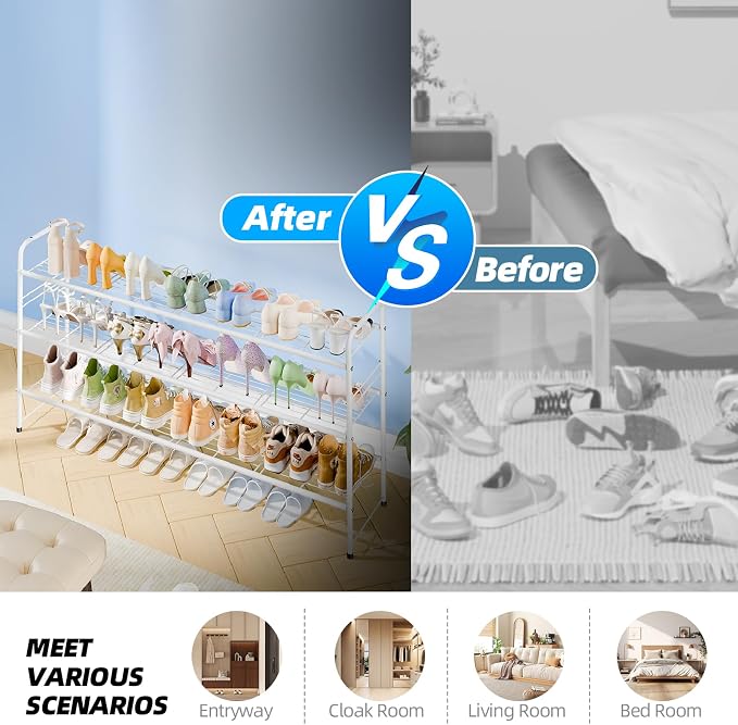 3 Tier Shoe Rack for Closet, 44 Inch Extra Long Shoe Storage Organizer for Shelves, Heavy Duty Metal, Easy Assembly, White