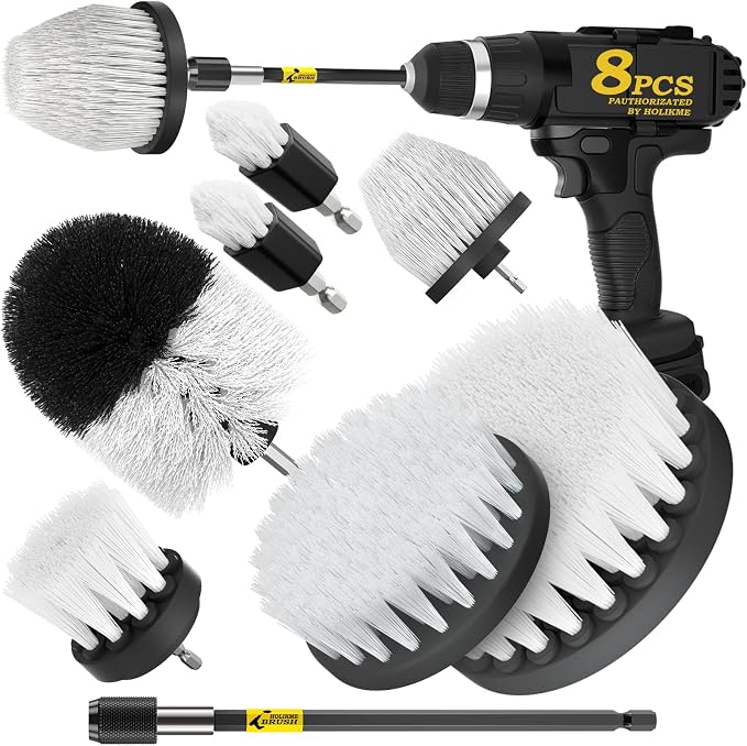 Holikme 8Pc Drill Brush Set - Scrub Brushes with Extension for Home Clean | Nylon Fibers, Power Scrubber Attachments for Tile, Tub, Shower, Floors, Kitchen and Auto Interior Care, Cleaning Tools, White