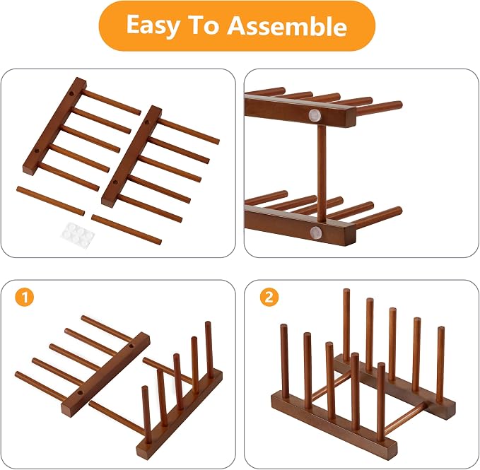 HBlife Teak Wooden Dish Drying Rack Kitchen Cabinet Organizer Plate Holder | 4 Slots, Vertical Dish Racks for Cabinet Countertop & Wall, Plate Pot Lid Cutting Board Holder, Bowl Cup Drainer, Keep Dry