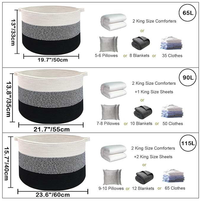 90L Extra Large Blanket Basket,Woven Rope Laundry Basket Hamper with Handles, Decorative Nursery Basket Storage Bin for Toys, Clothes Organizer, Living Room, Bedroom, Bathroom, Black