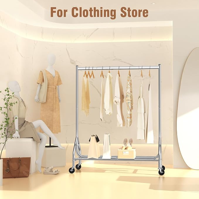 EAGMAK Heavy Duty Clothes Rack Load 420 LBS, 47.2" Long Rolling Garment Rack with Lockable Wheels, Standing Metal Clothing Hanger, Portable Wardrobe Sturdy Coat Organizer for Hanging Clothes (Silver)