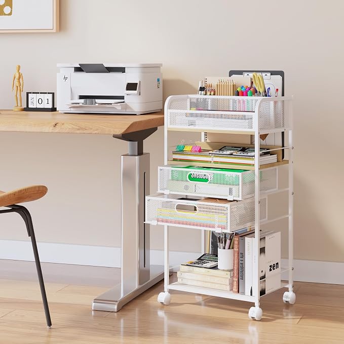 Homsorout Art cart, 5 Tier Rolling Cart - Utility Cart with Storage Drawer and Wheels, Versatile Art & Craft Organizer for Home, Office, or Studio Ideal for Storing Brushes, Paints （Maple）