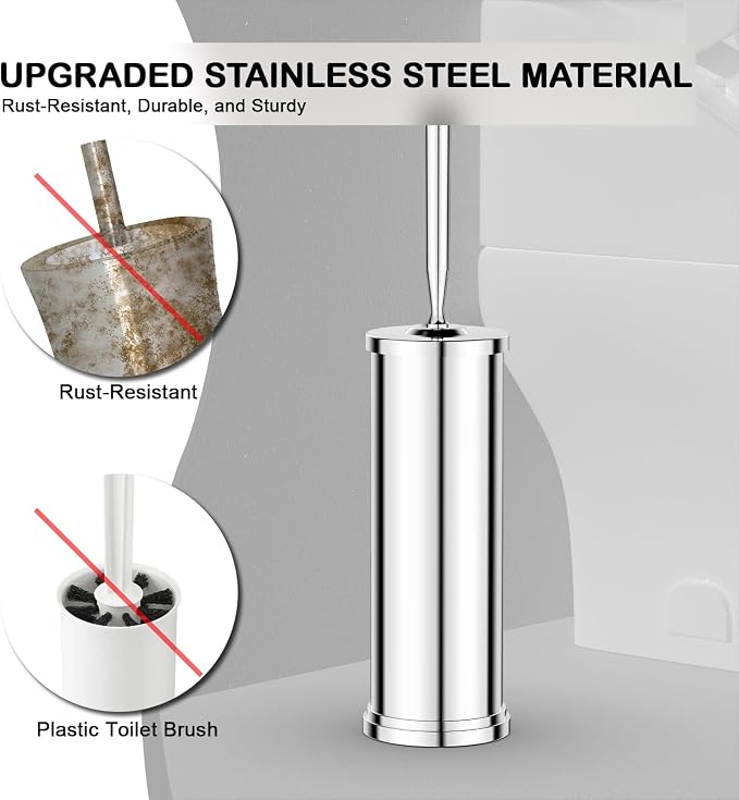 Stainless Steel Toilet Brush and Holder Set : Weighted Stable Base, Removable Inner Tube.Long Handle Toilet Bowl Brush Splash-Proof Design for Deep Cleaning & Space-Saving Storage,Chrome