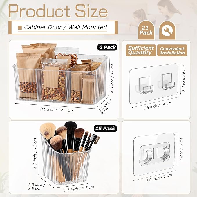 21 Pack Cabinet Door Organizer Adhesive Wall Mount Storage Bins Makeup Containers Stackable Organizer Basket for Kitchen Cabinets, Bathroom, Pantry, Office, Refrigerator (Frosted Clear)