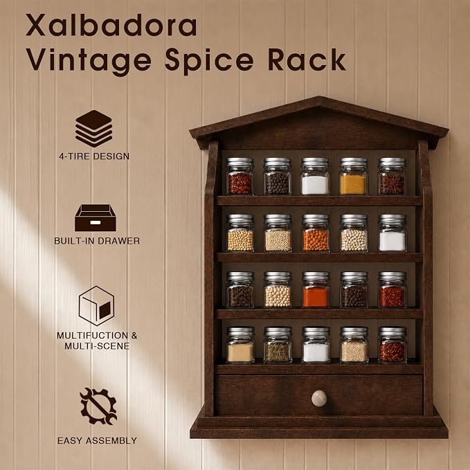 Vintage Farmhouse Wooden Spice Rack Wall Mount – 4-Tier Rustic Kitchen Organizer with Drawer, Holds 24 Small Spice Jars, Decorative Wall Storage Shelf (Dark Brown)