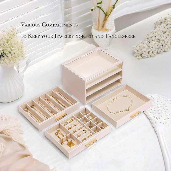 VLANDO 3-Drawer Jewelry Box with Glass Lid, Faux Leather Organizer for Rings Earrings Necklaces and More, Gift-Ready Jewelry Case for Women Girls or Moms, Pink Beige