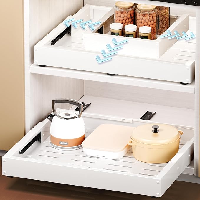 1 Pcs Pull Out Cabinet Organizers, Width (12"-19") and Depth (17"-23") Expandable With 3 Slides, No Drill Slide out Drawers Adhesive Film or Nail Cabinets Without Lip in Kitchen, Bathroom