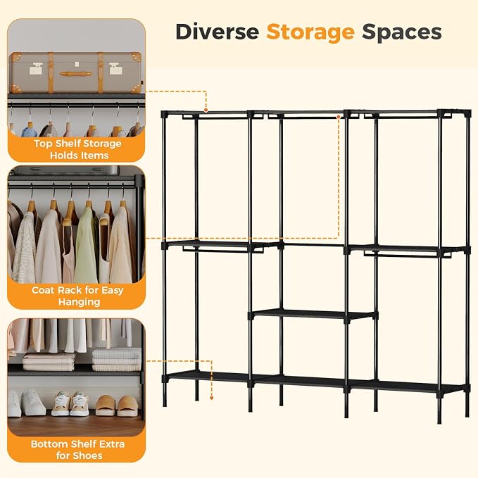 OLIXIS Heavy Duty Clothes Rack, Portable Wardrobe Closet, 81" L, Black | Freestanding Closet Organizer with Hanging Rods, Clothes Rack with Shelves, for Cloakroom, Bedroom