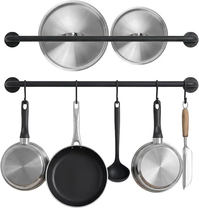 Black Steel-made Kitchen Utensil Rack Organizer Wall-mounted Pot Pan Wall Hanger Holder For Hanging Rail with 10 S Hooks