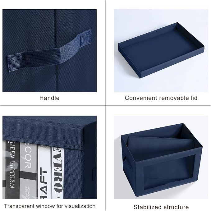 Homsorout Organizing Bins with Lid - 4 Pack Foldable Clear Window Storage Bins, Large Storage Boxes with Handles, Storage Containers for Clothes, Towel, Blanket, Sheet, Navy Blue