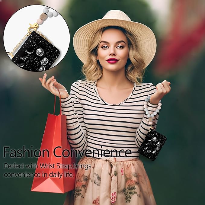 Blusabaca RFID Credit Card Holder Small Women Travel Wallet, Night Moon | Removable Keychain, Case with Zipper, Vegan PU Leather, Cash Coin Pocket, Business Accordion Purse, Ladies Female Gift