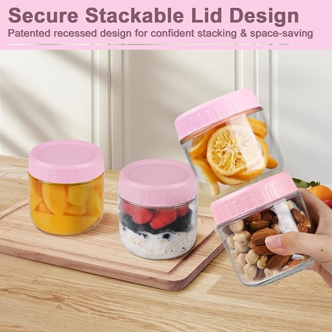 Overnight Oats Containers with Lids, 10oz Wide Mouth Mason Jars with Lids, 9 Pack Glass Jars with Airtight lid for Chia Pudding Yogurt Salad, Meal Prer Oatmeal Jars, Pink