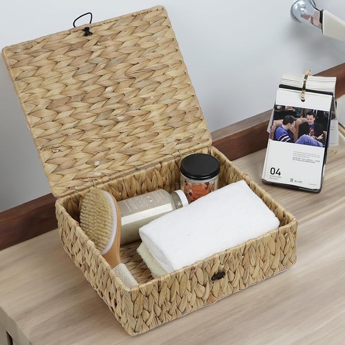 Water Hyacinth Basket with Lid, Rectangular Wicker Storage Basket Bins with Lid, Decorative Woven Basket Boxes for Storage Home Organizer