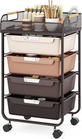 SYKIARIOL 4-Drawer Rolling Storage Cart with Mesh Top, Utility Craft Organizer Cart on Wheels with DIY Labels, Rolling Drawer Cart for Home Office Classroom Bedroom, Brown